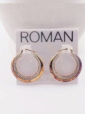 NWT Roman Surgical Steel TwoTone Gold and Silver Crystal Hoop Earrings